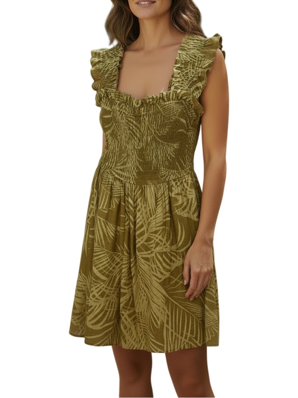 EXPRESS Tropical Leaf Print Smocked Bodice Summer Dress, XS, Olive Green Multi